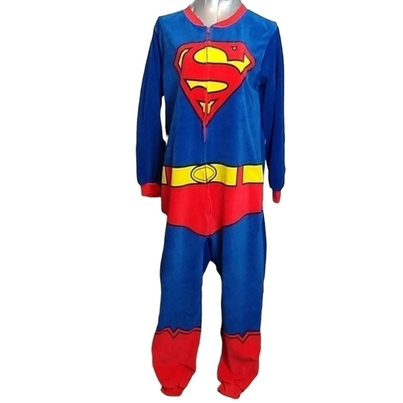 Superman Mens Small Fleece One Piece Zip Up Jogger Leg Pajamas - Picture 1 of 6